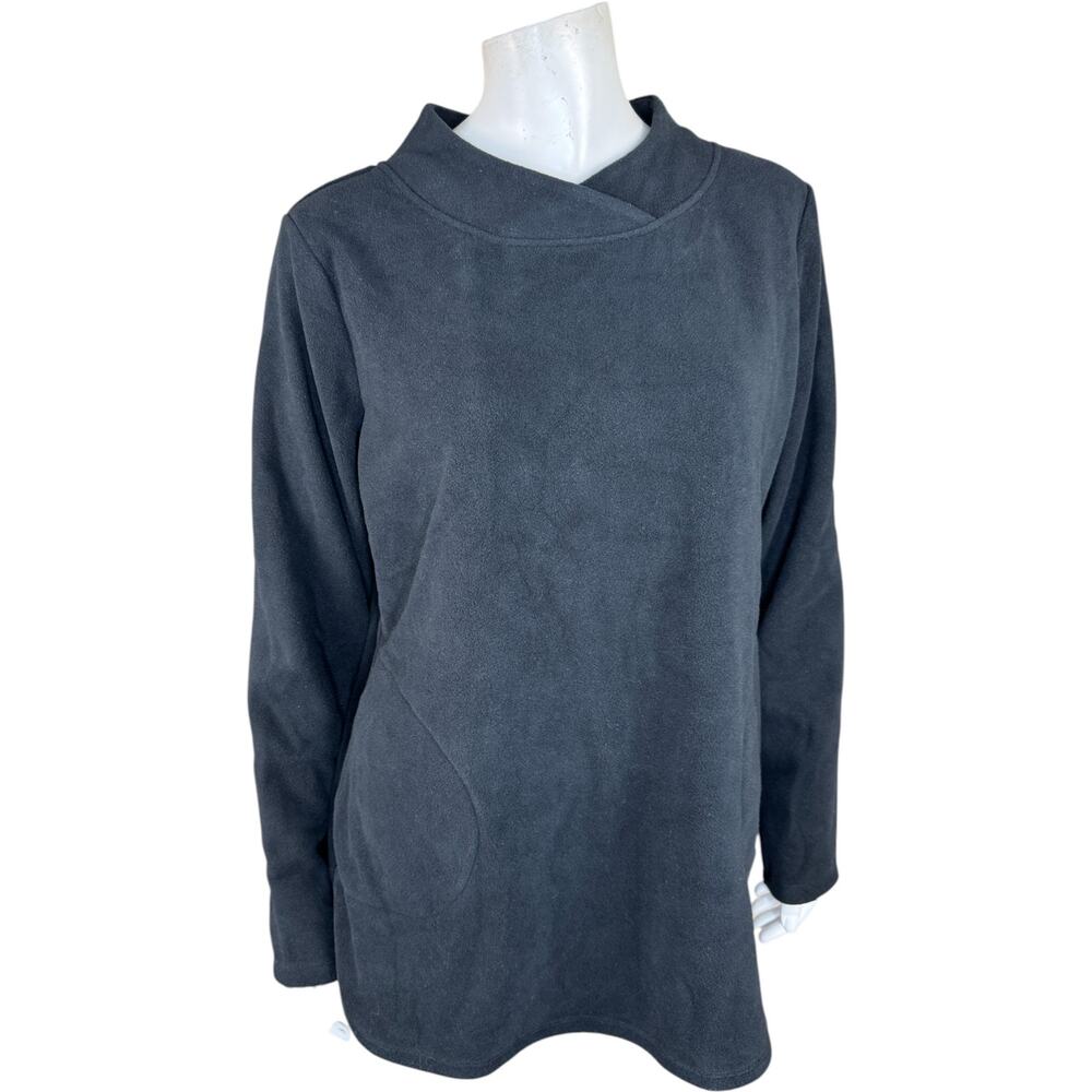 Denim & Co. Regular Fleece‎ Crossover Neck Long Slv Tunic w/ Dolphin Hem Black S